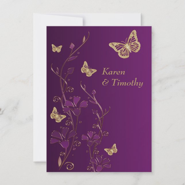 Purple, Gold Floral, Butterflies Wedding Invite (Front)