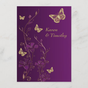 Purple, Gold Floral, Butterflies Wedding Invite