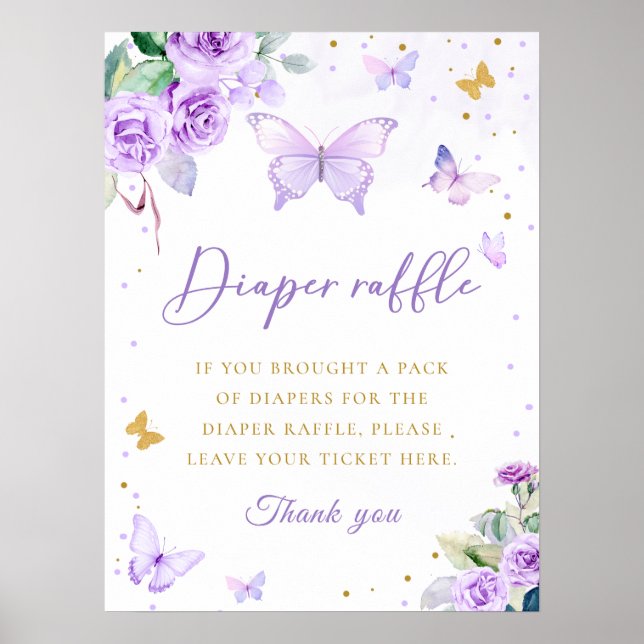 Purple Gold Floral Butterfly Diaper Raffle Sign (Front)