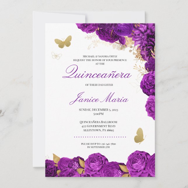 Purple Gold Floral Butterfly Elegant Quinceañera Invitation (Front)