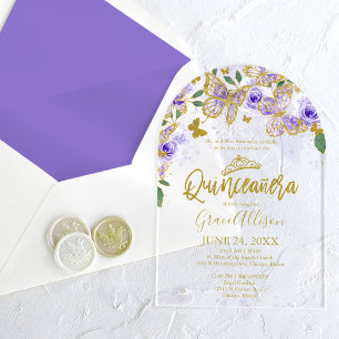 Purple Gold Floral Butterfly Quinceañera  Acrylic Invitations