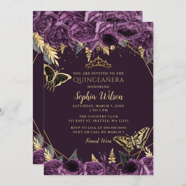 Purple Gold Floral Butterfly Quinceañera Invitation (Front/Back)