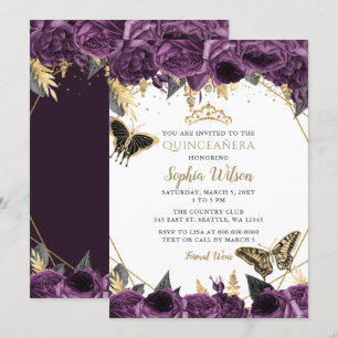 Purple Gold Floral Butterfly Quinceañera Invitation