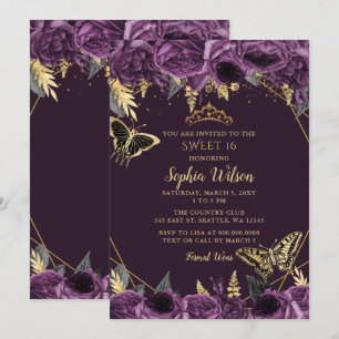 Purple Gold Floral Butterfly Sweet 16 Invitation