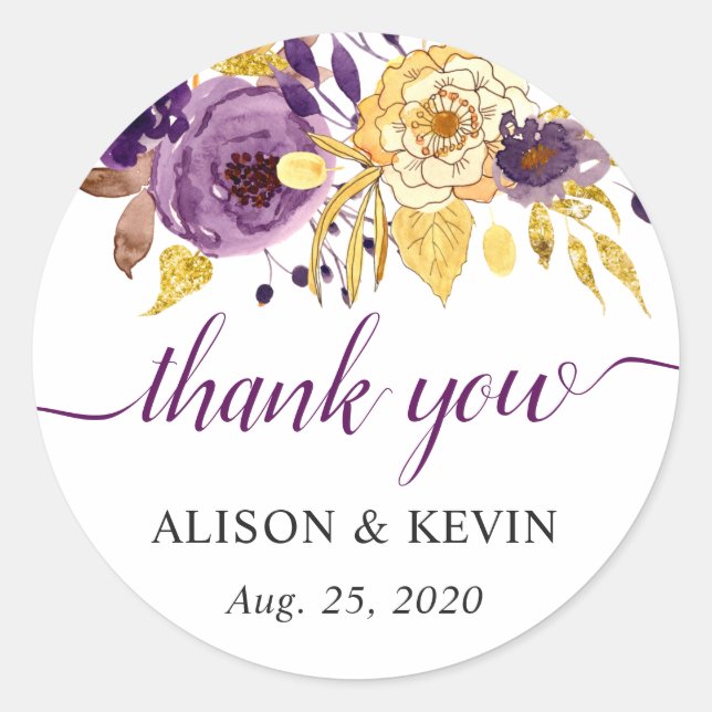 Purple Gold Floral Calligraphy Script Thank You Classic Round Sticker (Front)