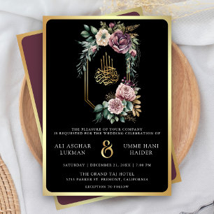 Purple Gold Floral Crest Black Muslim Wedding Invitation
