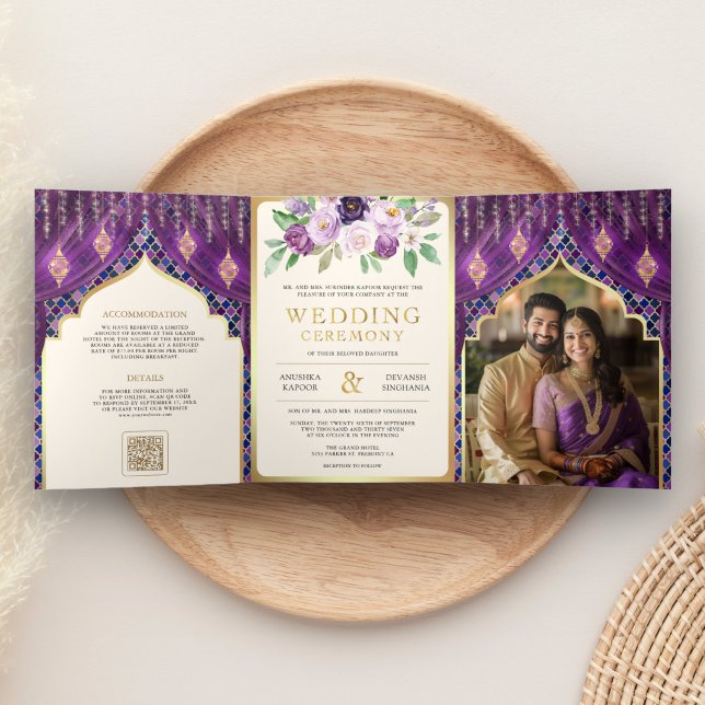 Purple Gold Floral Curtain Indian Hindu Wedding Tri-Fold Invitation (Creator Uploaded)
