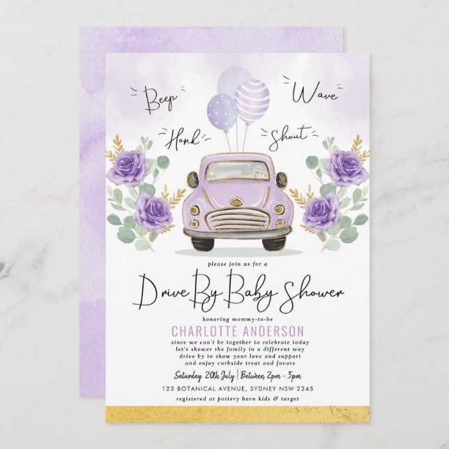 Purple Gold Floral Drive By Baby Shower Parade Invitation (Front/Back)