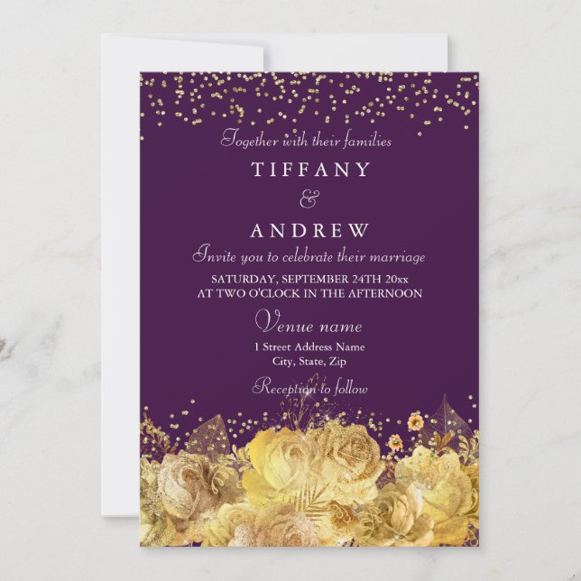 Purple & Gold Floral Elegant Wedding Invite (Front)