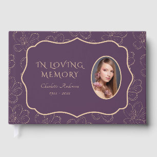 Purple Gold Floral Funeral Photo Guest Book