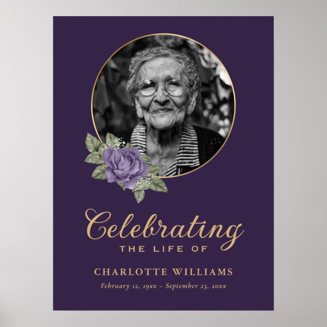 Purple Gold Floral Funeral Photo Welcome Sign (Front)