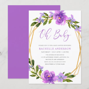 Purple Gold Floral Geometric Girl Baby Shower Invitation