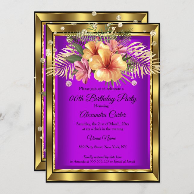 Purple Gold Floral Hibiscus Birthday Party Invitation (Front/Back)