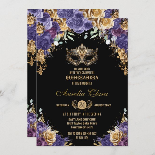 Purple Gold Floral Masquerade Ball Quinceañera Invitation (Front/Back)