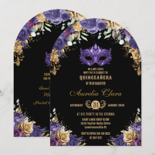 Purple Gold Floral Masquerade Ball Quinceañera Invitation
