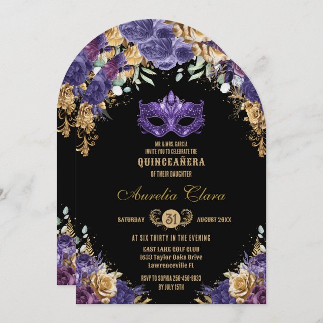 Purple Gold Floral Masquerade Ball Quinceañera Invitation (Front/Back)