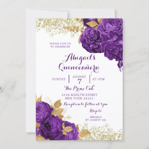Purple Gold Floral Mexican Quinceañera Invitation
