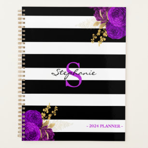 Purple Gold Floral Monogram Black Stripes 2024 Planner