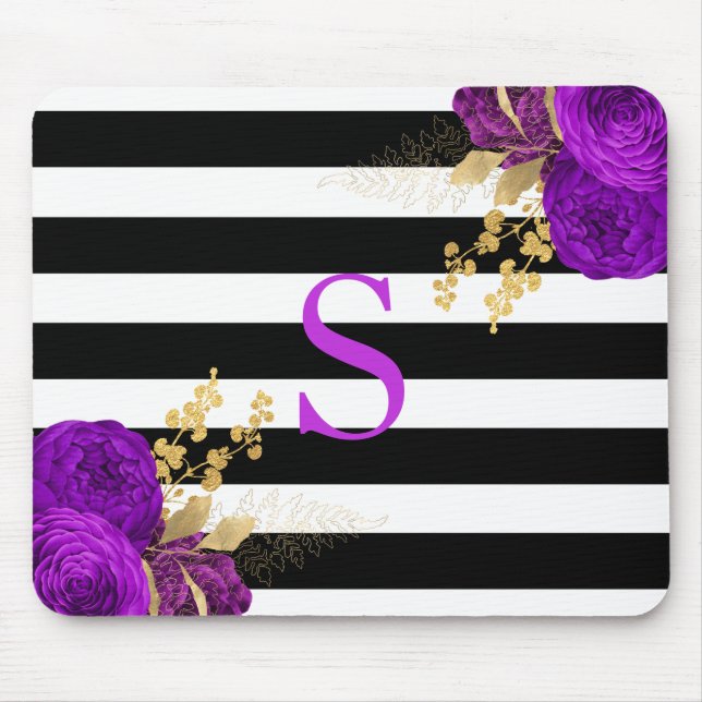Purple Gold Floral Monogram Black White Stripes Mouse Pad (Front)