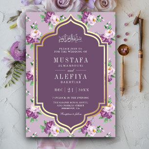 Purple Gold Floral Pattern Muslim Wedding Invitation
