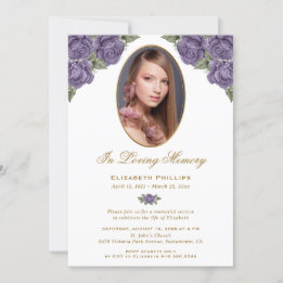 Purple Gold Floral Photo Memorial Service Invitation