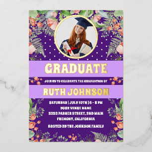 Purple Gold Floral Photo QR Code Graduation Party 