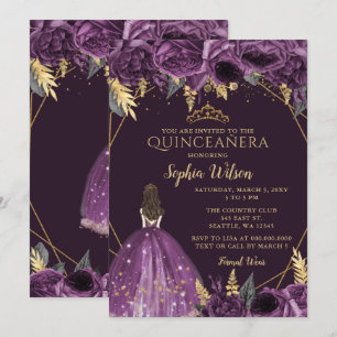 Purple Gold Floral Princess Quinceañera  Invitatio Invitation