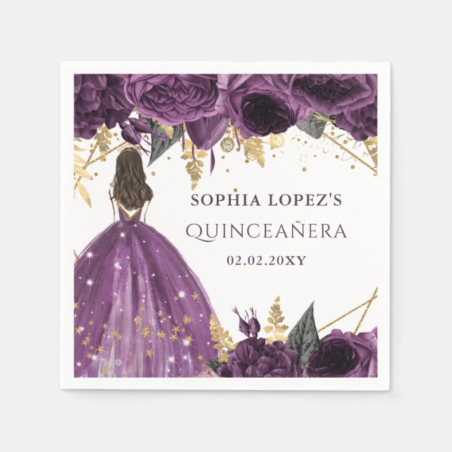 Purple Gold Floral Princess Quinceanera  Napkin (Front)