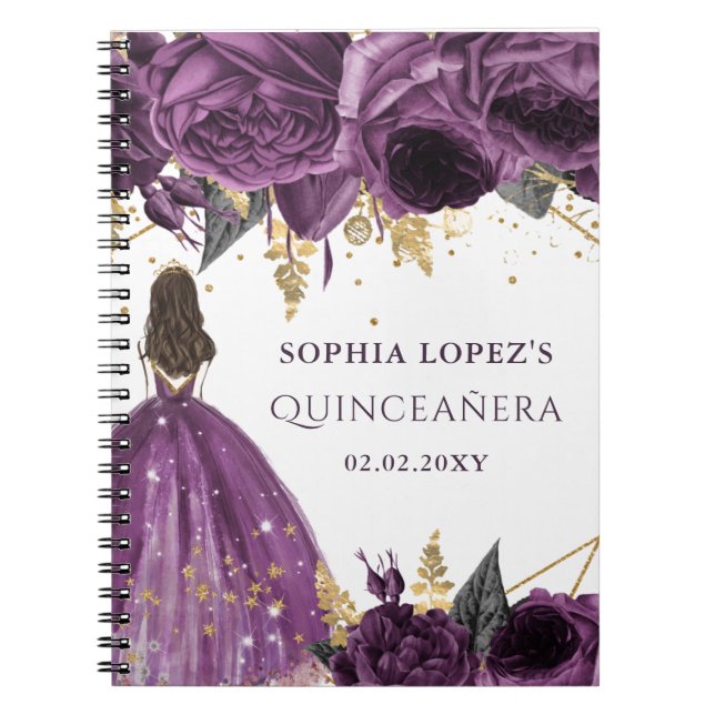 Purple Gold Floral Princess Quinceanera    Notebook (Front)