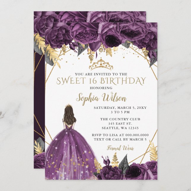 Purple Gold Floral Princess Sweet 16 Invitation (Front/Back)