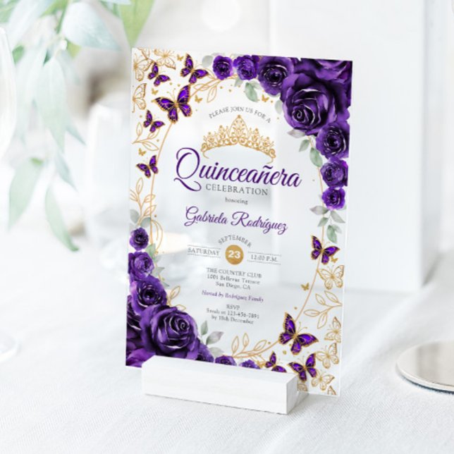 Purple Gold Floral Quinceanera Acrylic Invitations (Creator Uploaded)