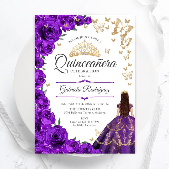 Purple Gold Floral Quinceanera Invitation (Creator Uploaded)