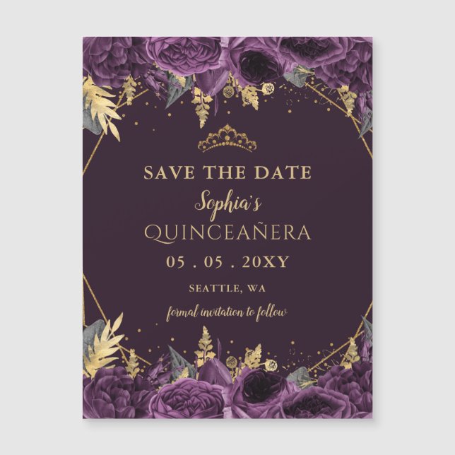 Purple Gold Floral Quinceañera  Save the Date (Front)