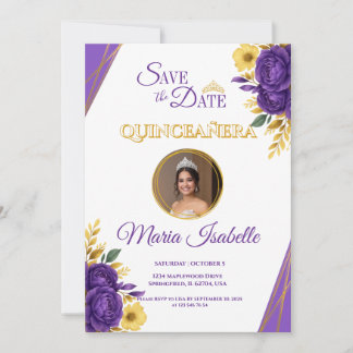 Purple & Gold Floral Quinceañera Save the Date Invitation