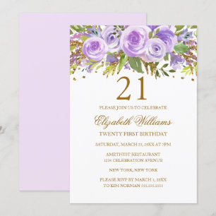 Purple Gold Floral Rose 21st Birthday Invitation