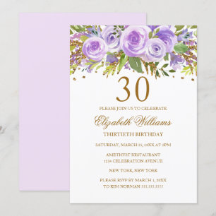 Purple Gold Floral Rose 30th Birthday Invitation