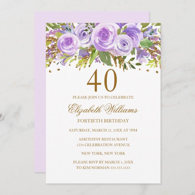 Purple Gold Floral Rose 40th Birthday Invitation (Front/Back)