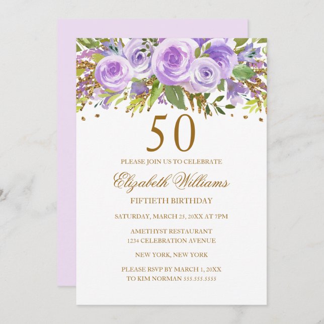 Purple Gold Floral Rose 50th Birthday Invitation (Front/Back)