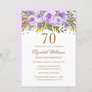 Purple Gold Floral Rose 70th Birthday Invitation
