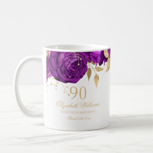 Purple Gold Floral Rose 90th Birthday Coffee Mug (Left)
