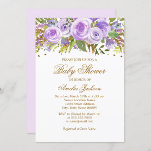 Purple Gold Floral Rose Baby Shower Invitation