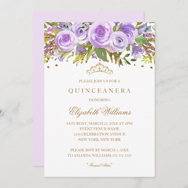 Purple Gold Floral Rose Quinceanera Invitation (Front/Back)