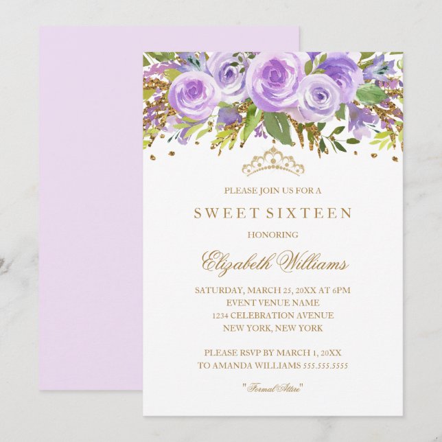 Purple Gold Floral Rose Sweet Sixteen Invitation (Front/Back)