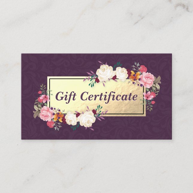 Purple Gold Floral Salon Boutique Gift Certificate (Front)