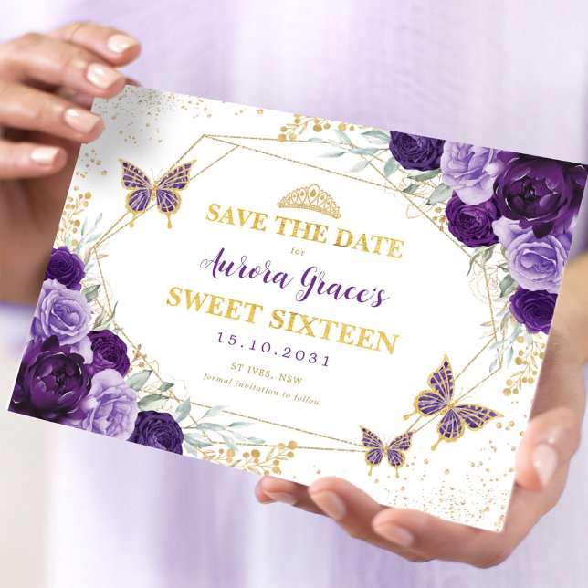 Purple Gold Floral Sweet Sixteen Save the Date Announcement (Creator Uploaded)