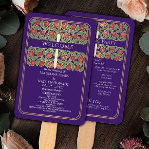 Purple Gold Floral Sword Royal Wedding Program Hand Fan