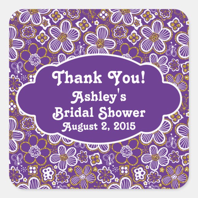 Purple Gold Floral Thank You Bridal Shower Square Sticker (Front)