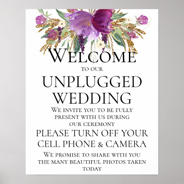 Purple Gold Floral Unplugged Wedding Ceremony Sign (Front)