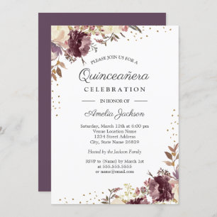 Purple Gold Floral Watercolor Quinceanera Invite