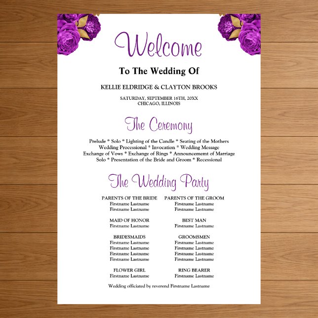 Purple/Gold Floral Wedding Ceremony Program Sign (Creator Uploaded)